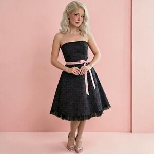 Charlotte Russe Black Pinstripe Strapless Dress Pink Sash Tulle Hem Large VNTG